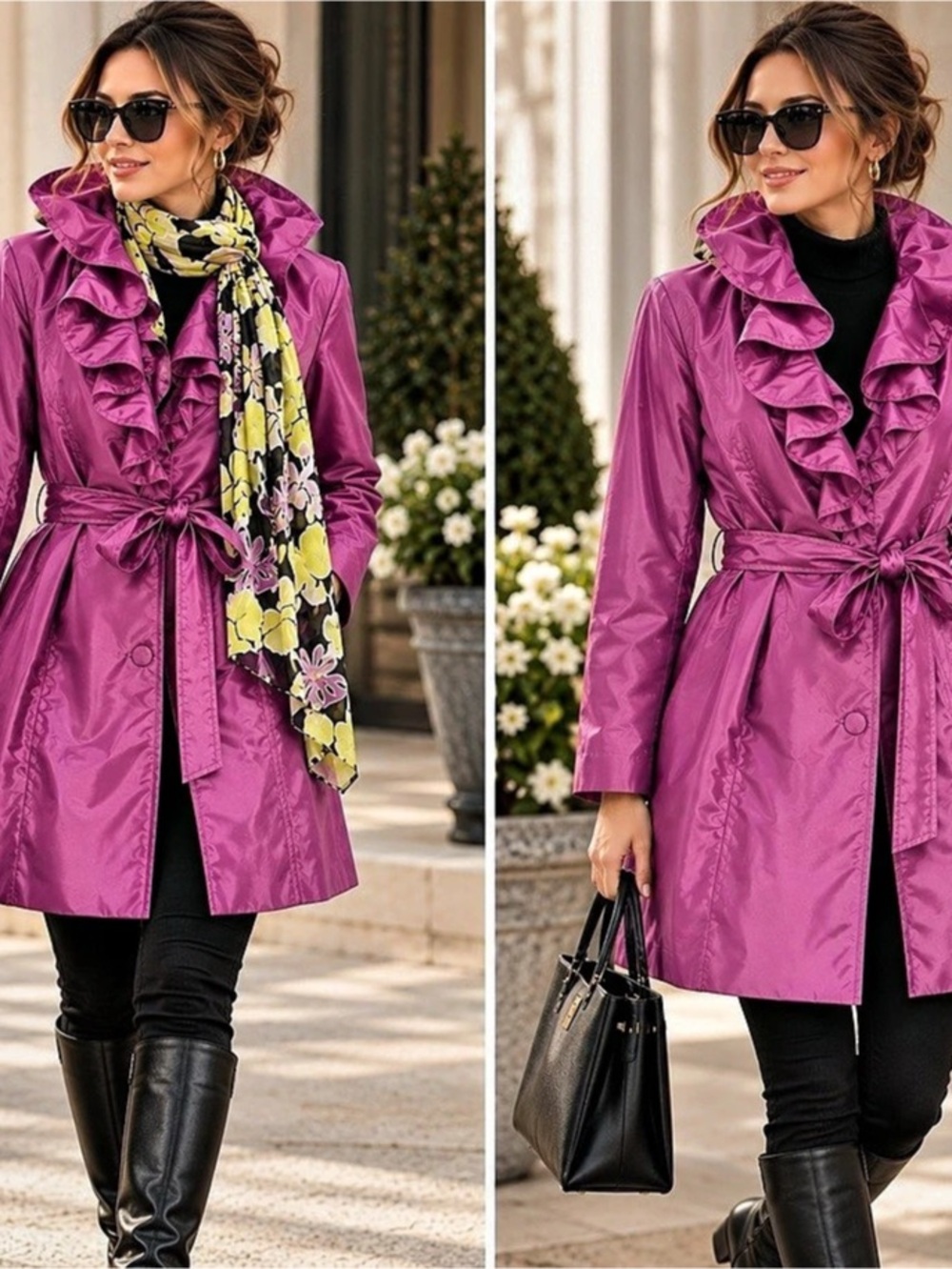 Dennis by Dennis Basso Purple Ruffle Belted Coat – Size M + Free Scarf